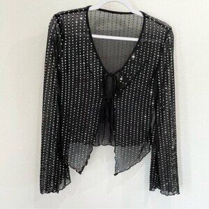 Vintage Whimsigoth Boho Mesh Top Y2K Sequin Front Tie Coquette Lettuce Hem